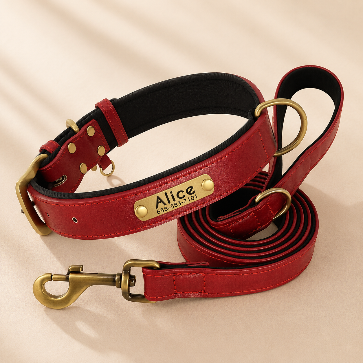 Classic Leather Dog Collar Set｜名入れ対応 本革風首輪・リードセット｜Nest & Paw