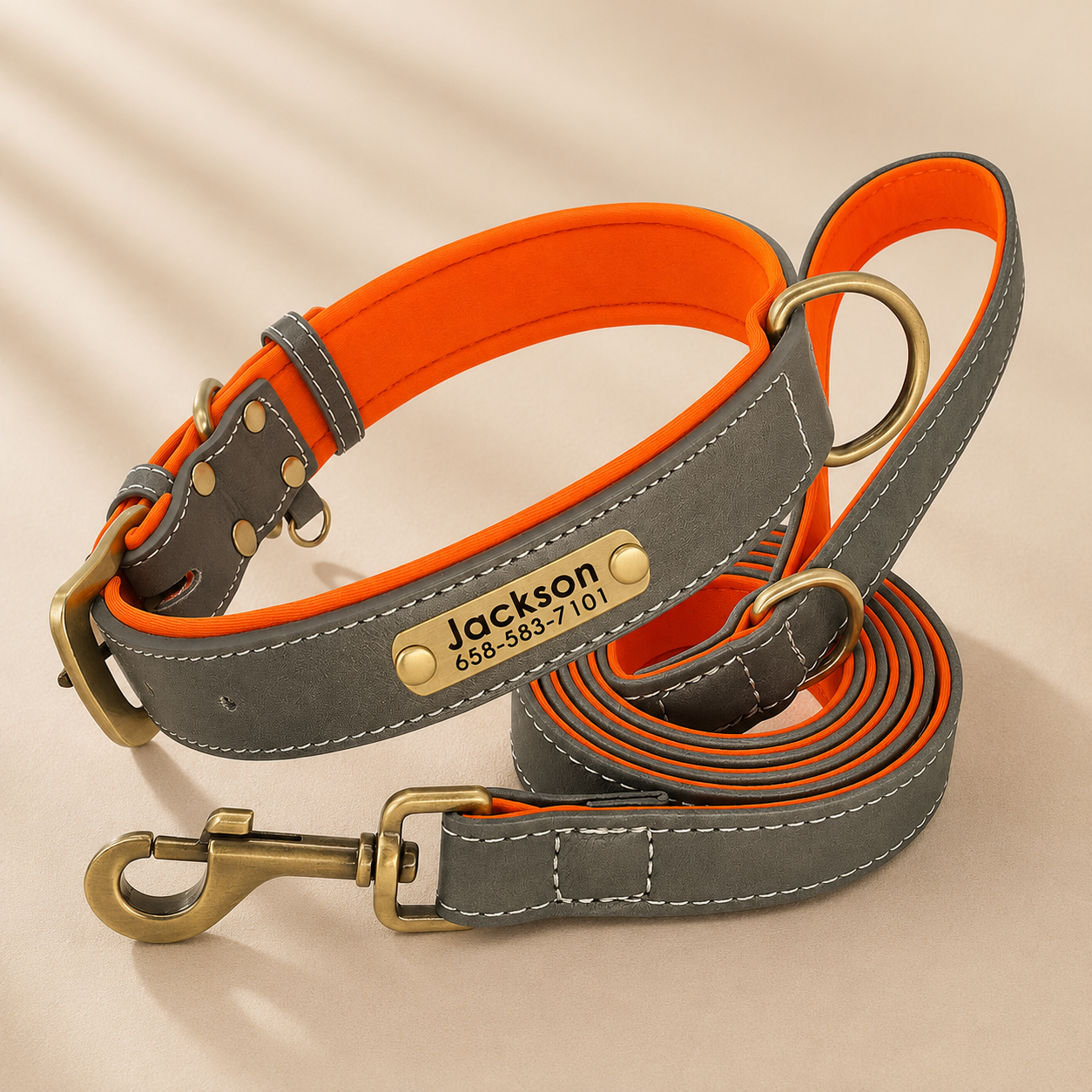 Classic Leather Dog Collar Set｜名入れ対応 本革風首輪・リードセット｜Nest & Paw