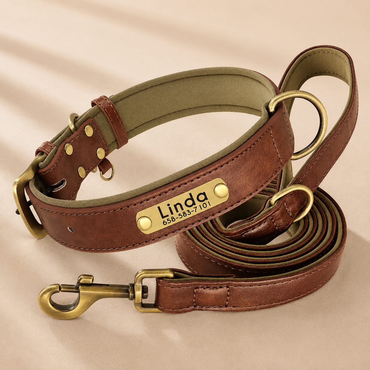 Classic Leather Dog Collar Set｜名入れ対応 本革風首輪・リードセット｜Nest & Paw