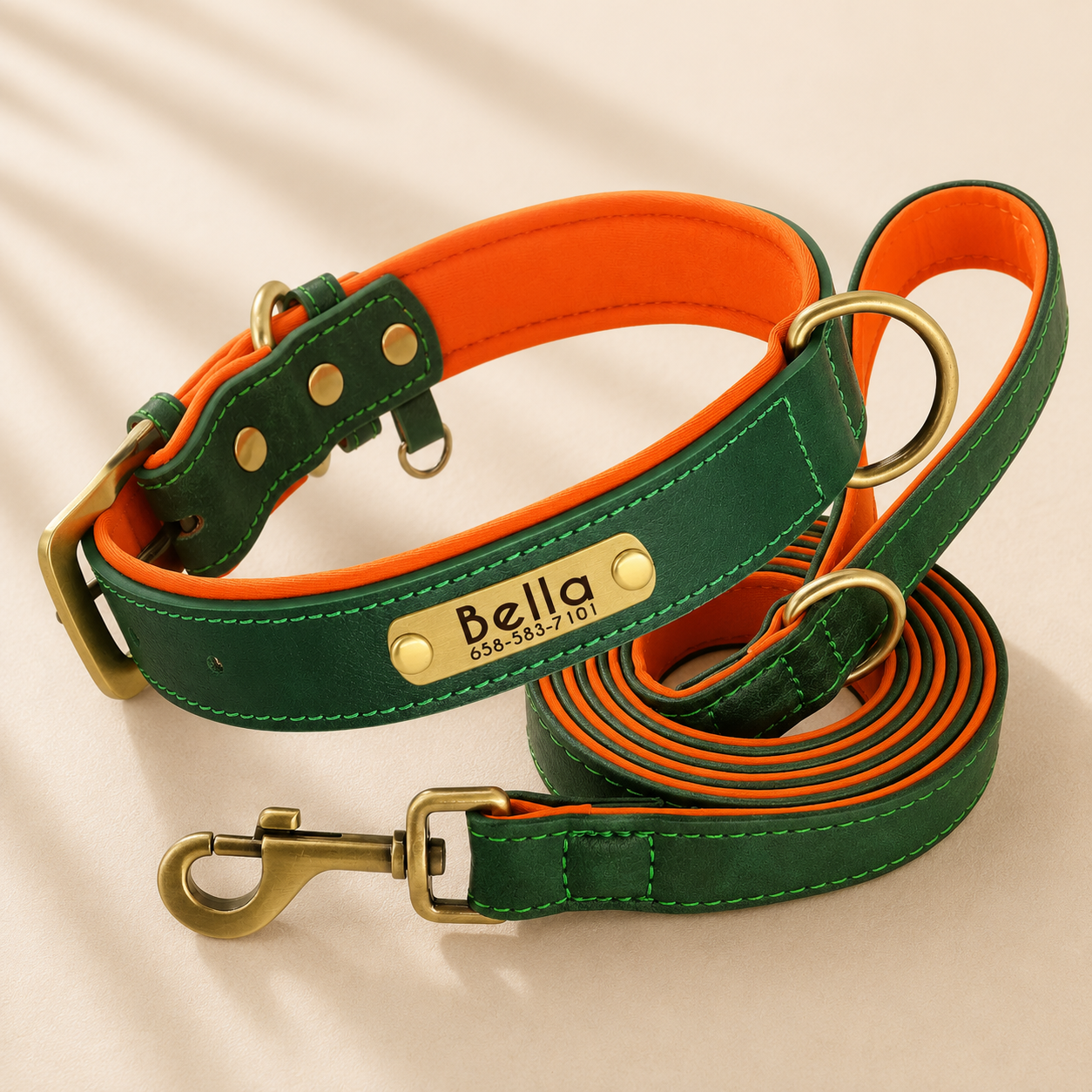 Classic Leather Dog Collar Set｜名入れ対応 本革風首輪・リードセット｜Nest & Paw
